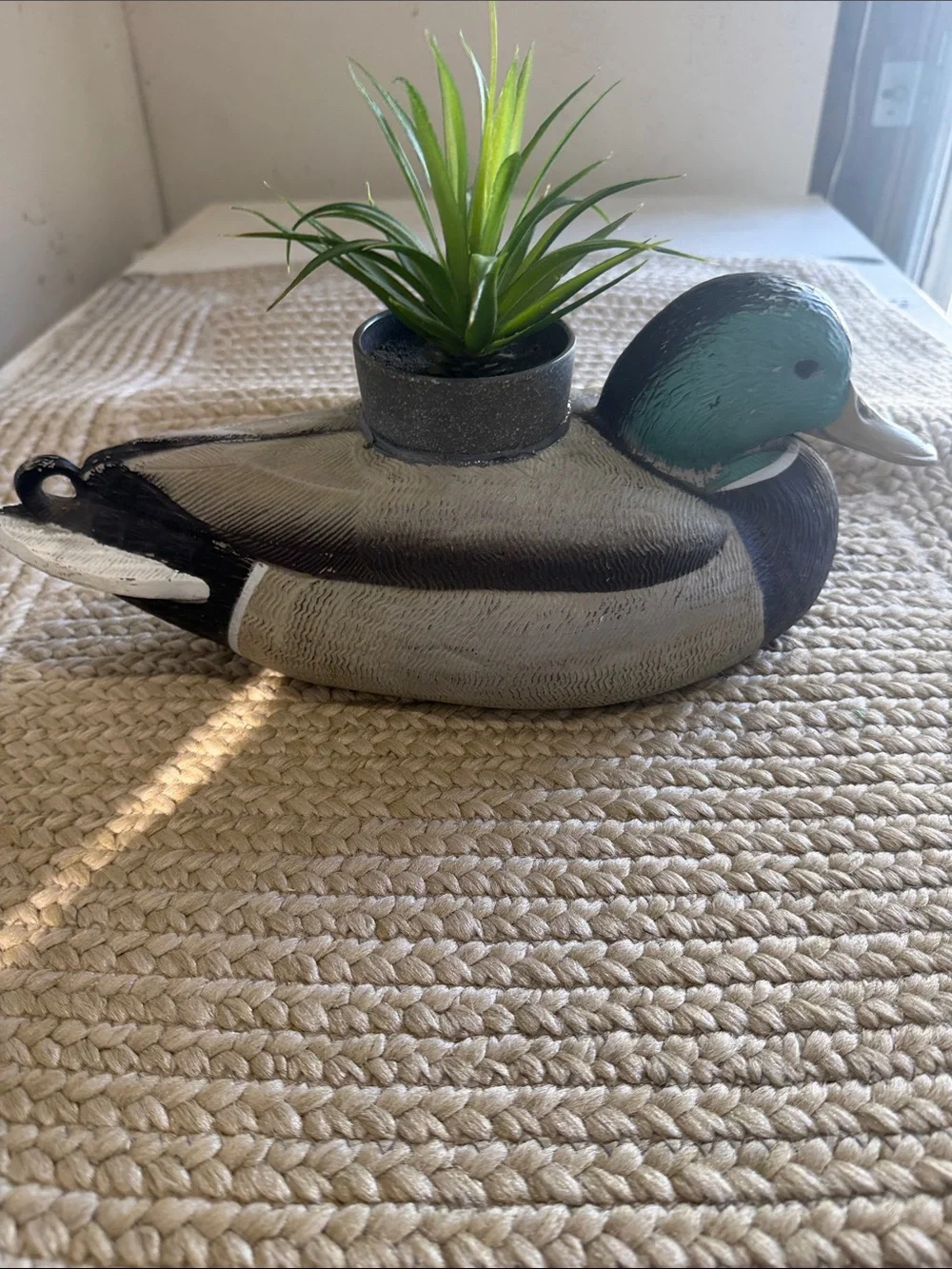 Decorative Duck Planter with Green Head and Faux Grass